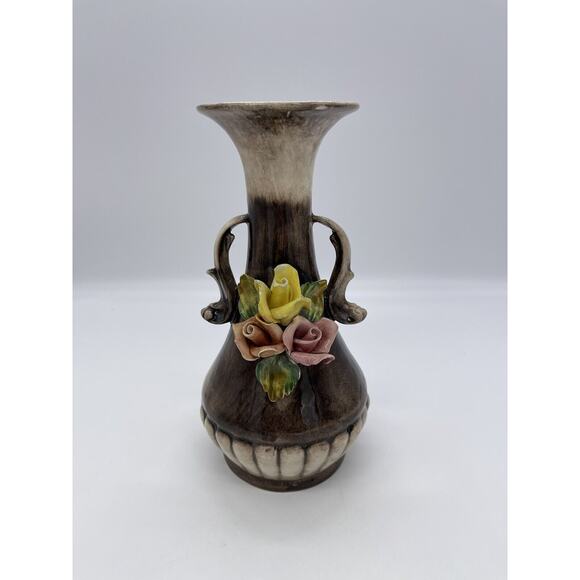 Vintage Capodimonte Pink & Yellow Rose Flower Vase Centerpiece 8.25” Italy Rare - Picture 1 of 3